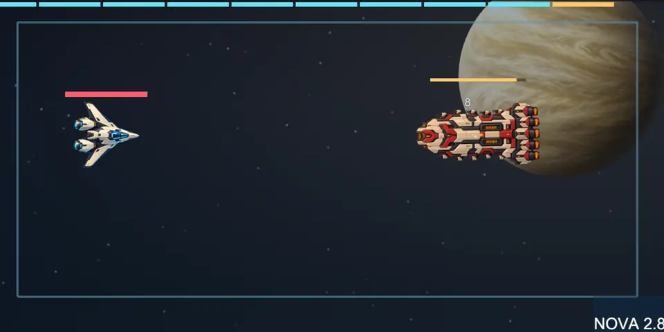 Gameplay: a boss telegraphs an attack band and the ship slides into the safe lane